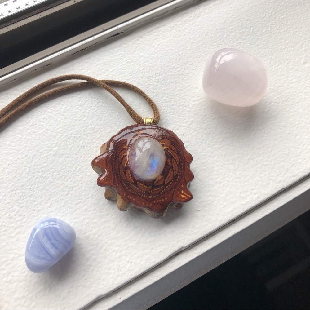 Handcrafted Pinecone Pendant Necklace with Rainbow Moonstone